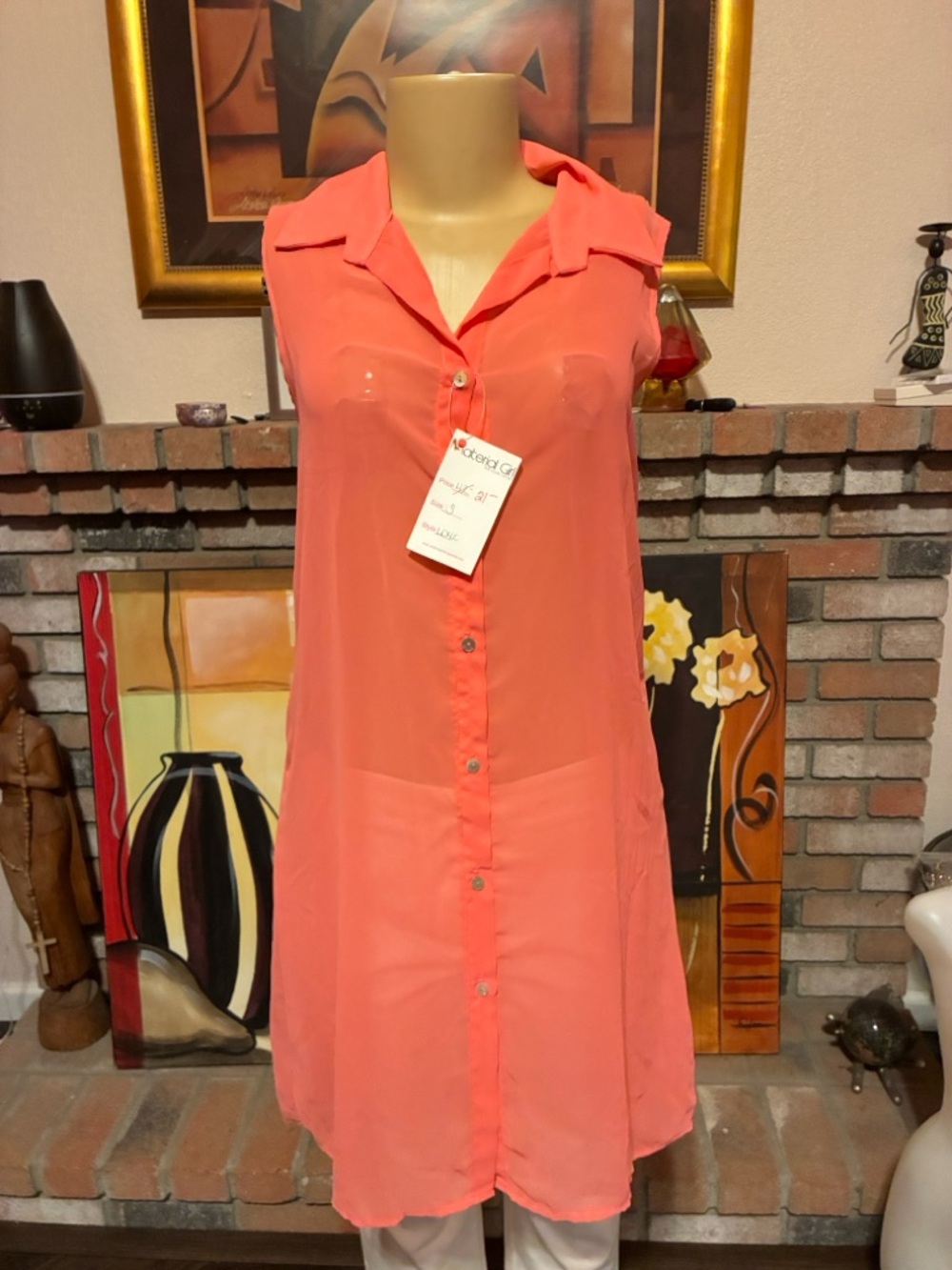 My Story Coral Button-Front Sleeveless Shirt Dress